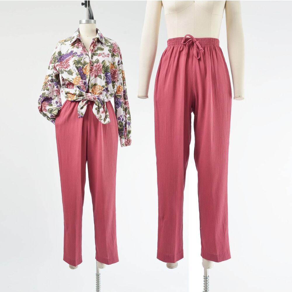 Vintage Dusty Pink Pants Elastic Waist High Waist Tapered Leg Trousers XS S